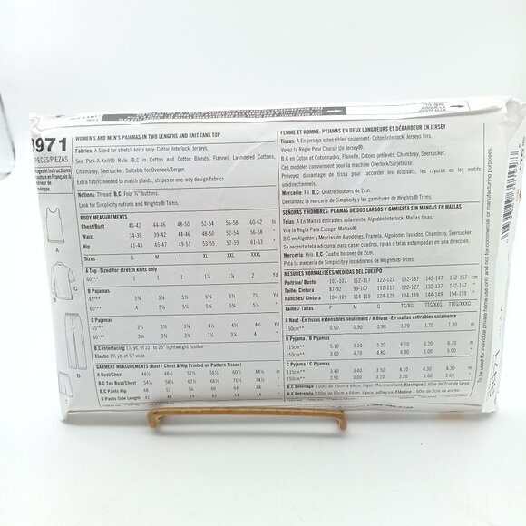 Simplicity 3971 Easy-To-Sew Womens & Mens Pajamas Pattern Sizes AA S/M/L 2006 - Picture 2 of 2